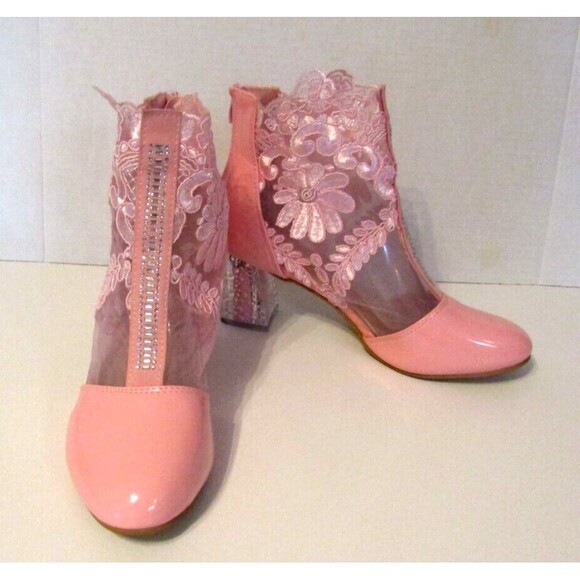 Dodo Heels Patent Leather Pink Lace Ankle Shoes Flower Mesh Chunky Heels Size 9 - Picture 2 of 10